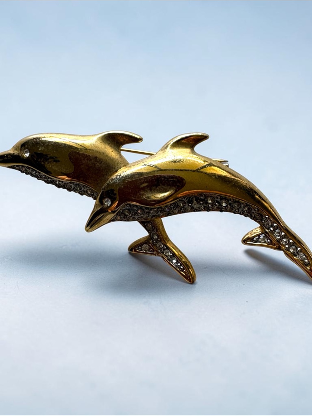 Gold Tone Dolphin Brooch Rhinestone Ocean Nautical Pin
